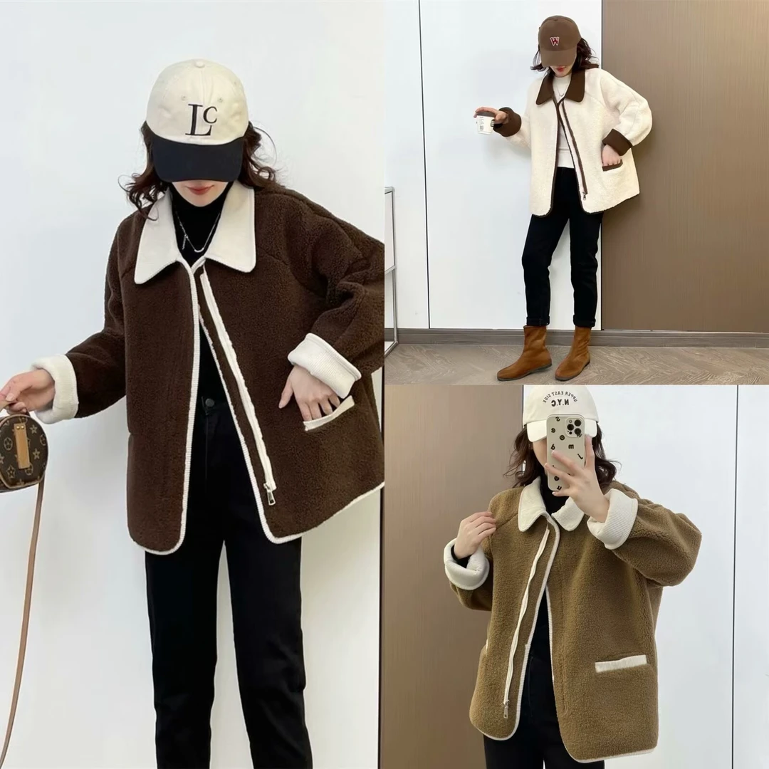 CONG8951撞色翻领颗粒绒外套女大码休闲洋气韩版保暖绒毛开衫显瘦