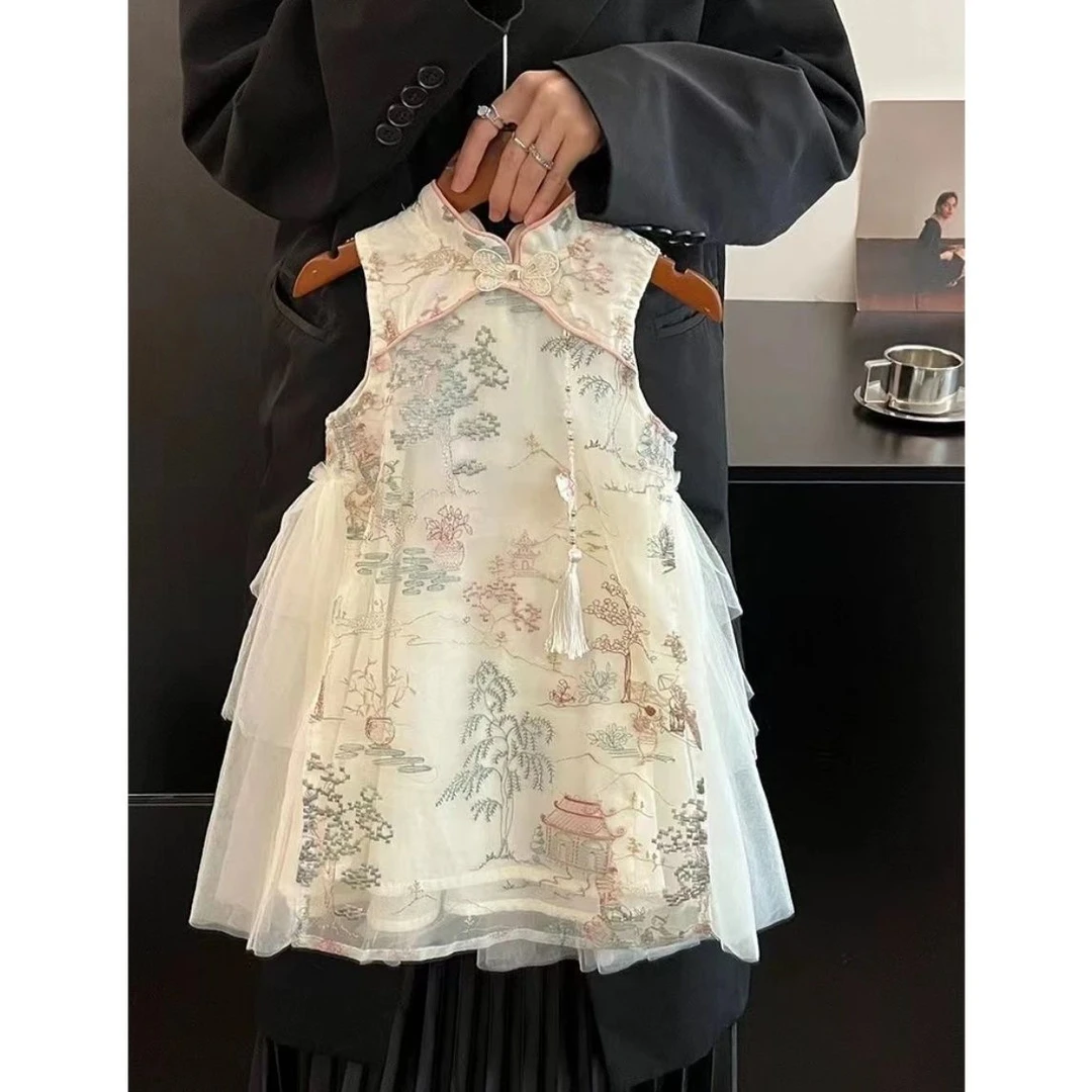 【多种尺码】女童国风刺绣连衣裙2025新款旗袍中式刺绣旗袍裙中大