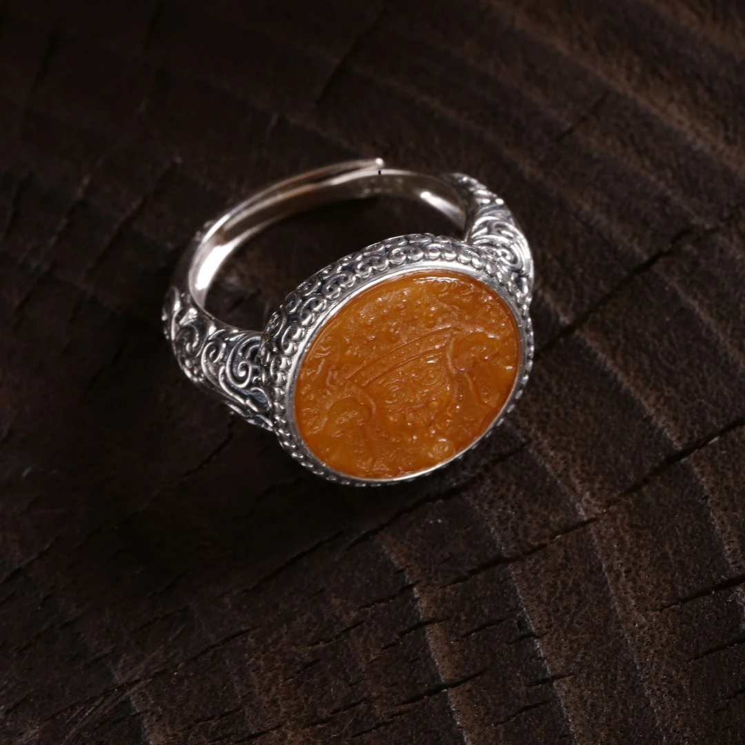 925银戒指 <秋梦>J12826 复古镶嵌卷草纹浮雕黄色扎基戒指多样发