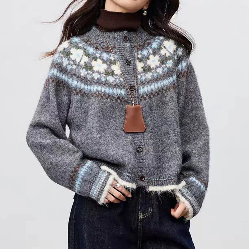 花袖复古拉毛开衫毛衣女