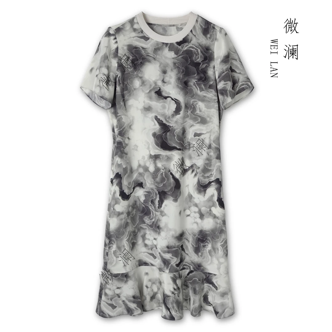 【烟云舞墨】100桑蚕丝夏季气质国风圆领女士连衣裙2025-061-10