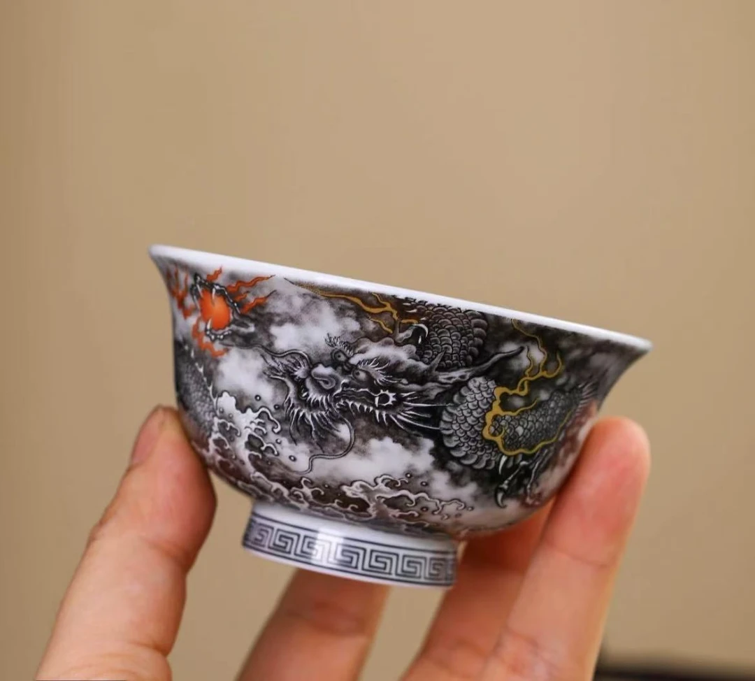 景德镇七丞堂陶瓷水墨腾龙功夫茶具大压手杯主人杯（80cc容量）