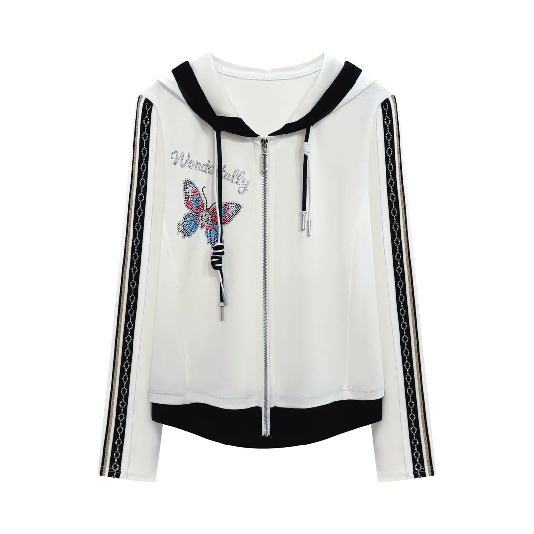 Robert Girm新款时尚烫钻百搭长袖黑白拼接上衣#6731