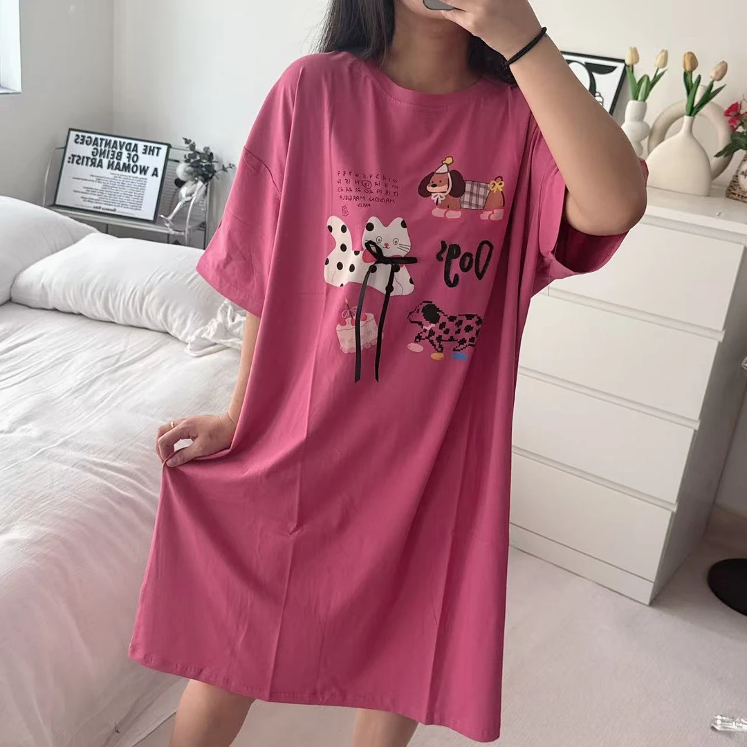 中长款夏季薄款短袖甜美印花睡裙女士舒适卡通大码家居服