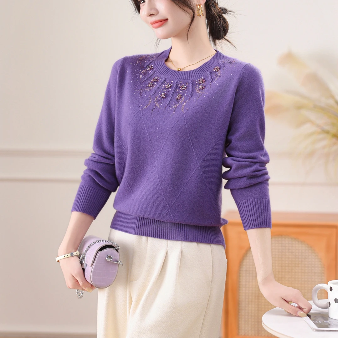 【100%绵羊毛】秋冬新款绣花烫钻圆领针织打底羊毛保暖毛衣