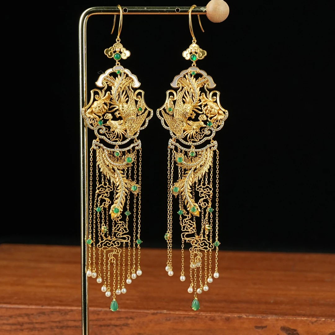 925银银制品 R*凤凰流苏珍珠耳钩@YM008051302@