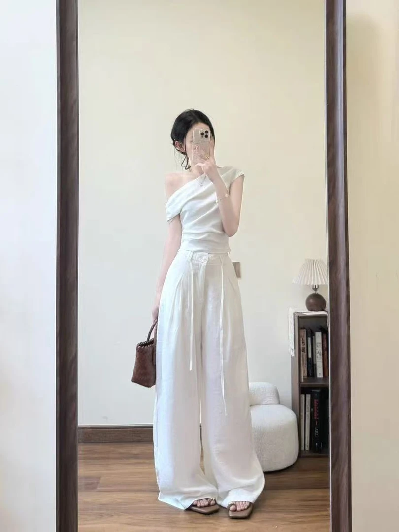 2025夏季新款女韩系穿搭露肩设计感修身上衣气质高腰显瘦阔腿长裤