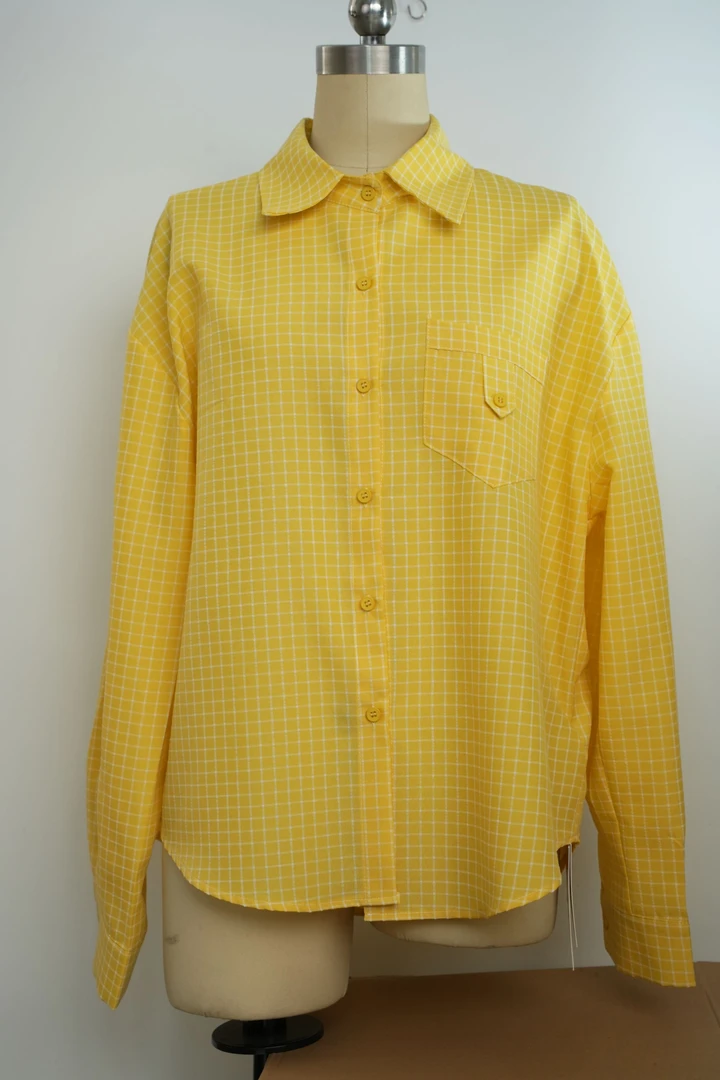 2025春夏季新款长袖时尚黄色经典女士休闲百搭翻领设计师格纹衬衫