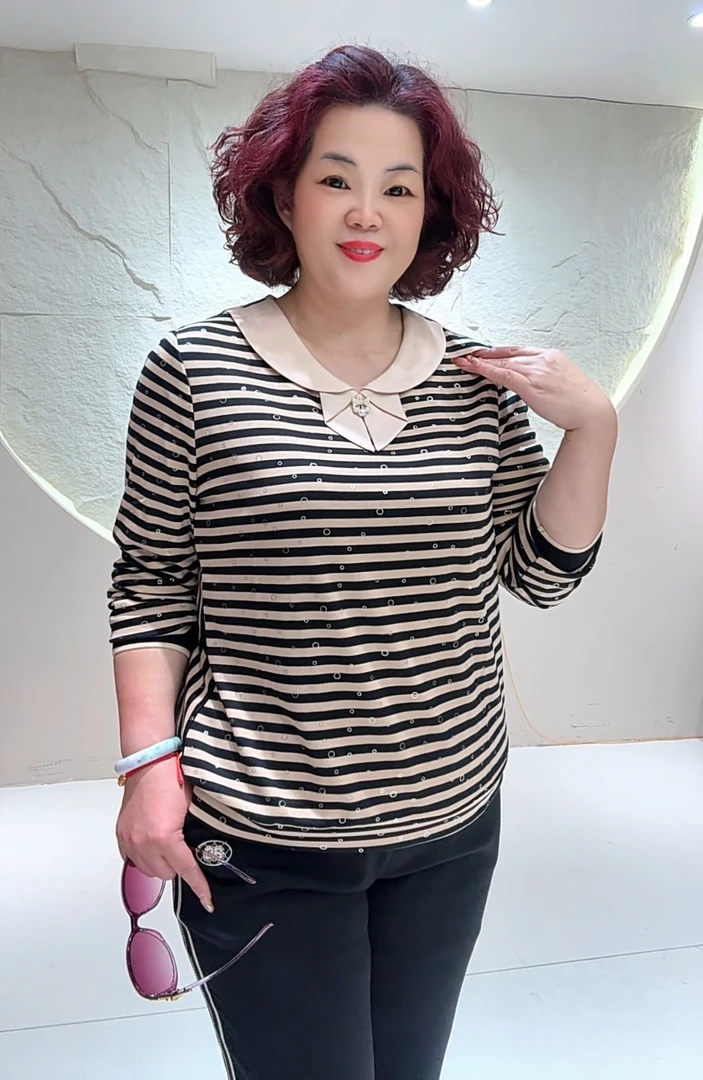 套装3608秋季大码妈妈秋装米咖色条纹蝴蝶领运动套装亲肤气质休闲