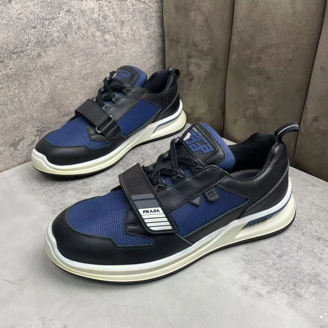 95新 Prada/普拉达 黑蓝色网面魔术贴厚底时尚休闲运动鞋/43码