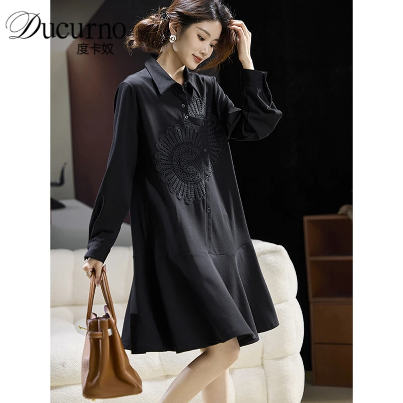 时尚蕾丝拼接洋装女早秋大尺码裙子2025年新款垂感百搭荷叶边裙