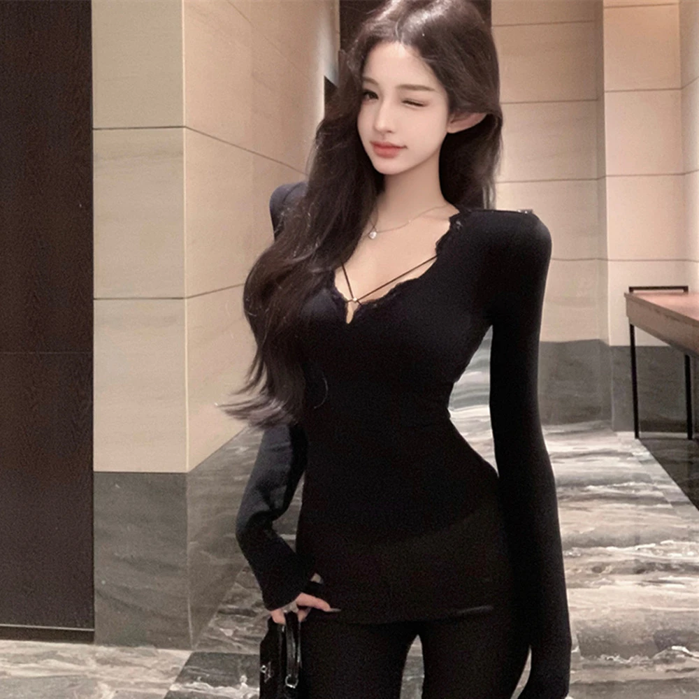黑色纯欲性感辣妹蕾丝v领长袖t恤女秋冬内搭打底修身收腰显胸上衣