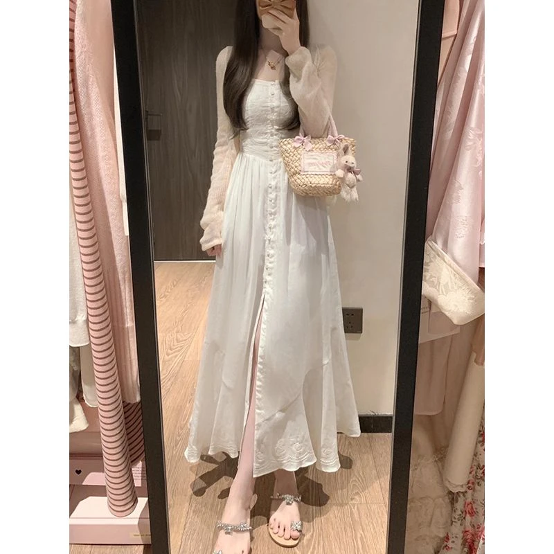 夏日绝美法式海边度假吊带连衣裙子女2025新款气质初恋长款小白裙