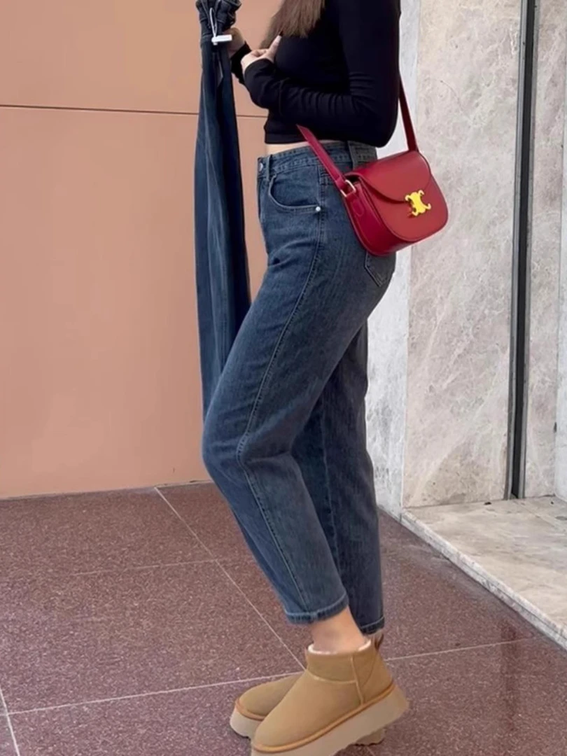 新款高腰宽松显瘦哈伦牛仔裤女胖妹妹梨型身材小个子8分老爹裤子