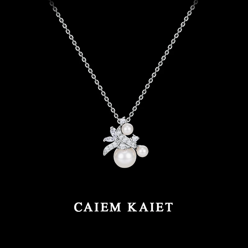 CAIEM KAIET 链子925银 山茶花锆石施家珍珠项链女法式高级锁骨链
