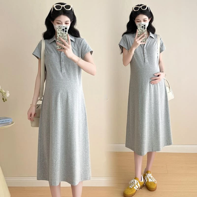 日本夏装新款韩版时尚显瘦百搭翻领孕妇连衣裙中长款孕妇裙孕妇装