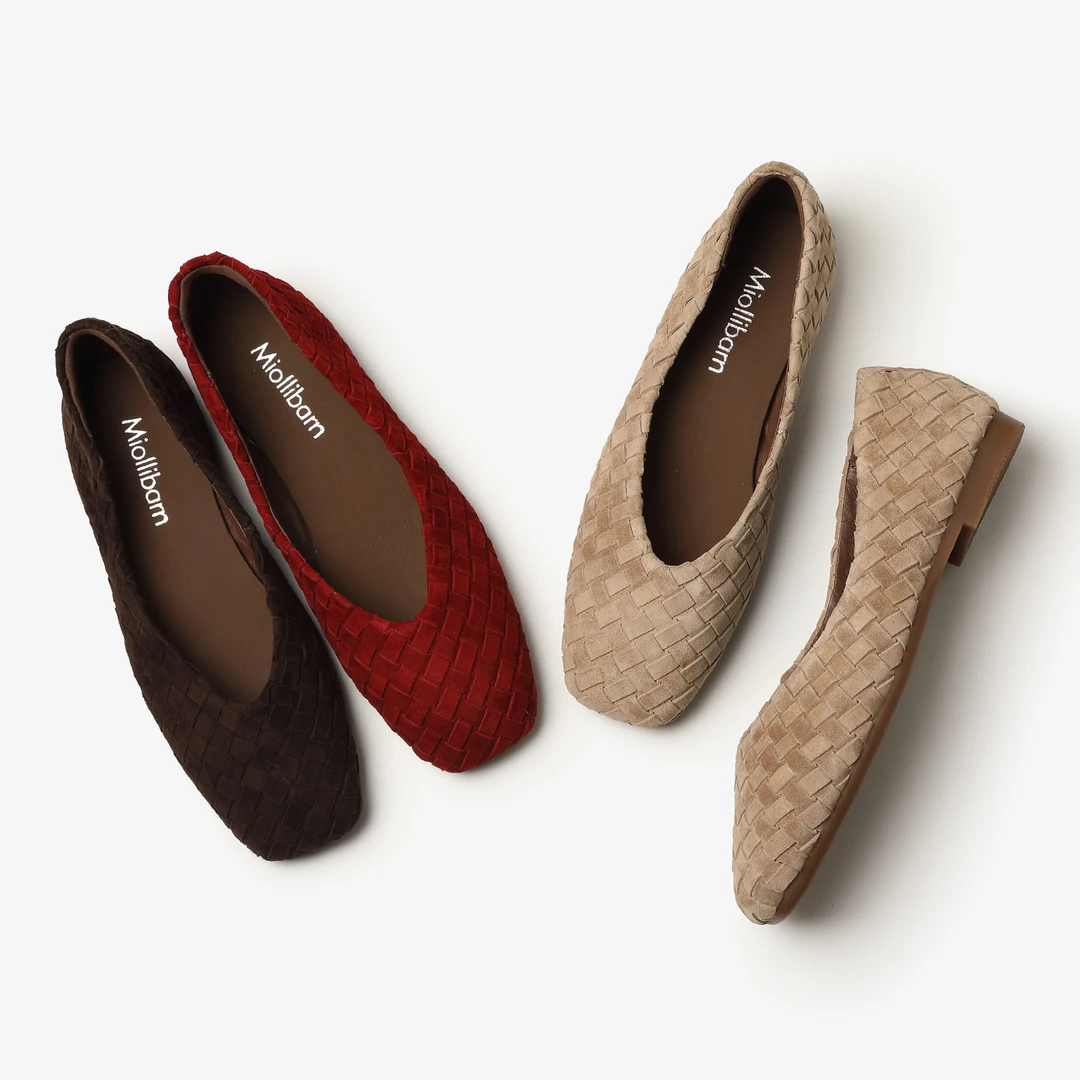 超软浅口方头法式平底编织单鞋女夏款软底奶奶鞋女真皮复古羊猄皮