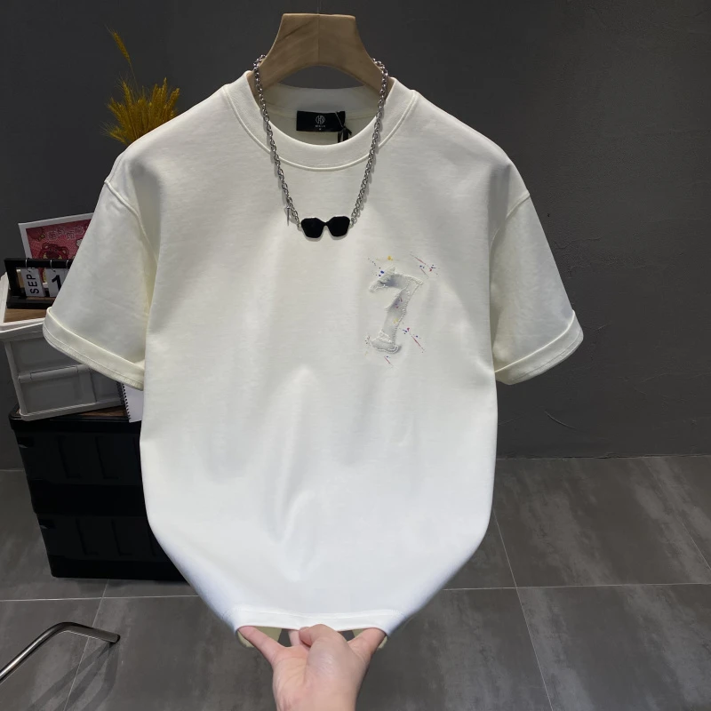 潮牌个性数字刺绣圆领男士夏季短袖T恤宽松百搭休闲高级感半袖