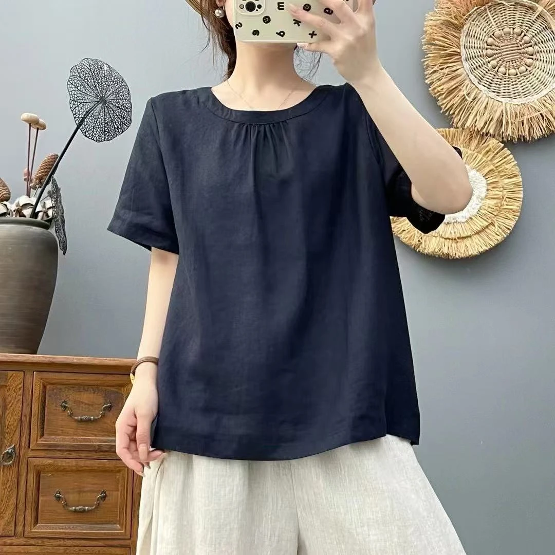 25夏季新款100%纯亚麻两面穿圆领显瘦休闲百搭纯色女衬衫短袖