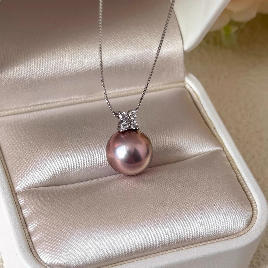 【薇拉东方韵特选】12-14mm四叶草紫珠吊坠正圆极微瑕天然淡水珍珠