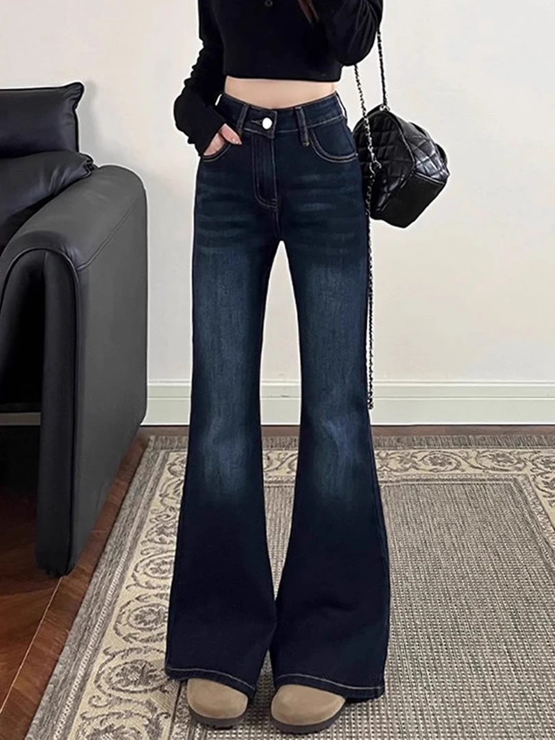 蓝灰色加绒加厚保暖微喇牛仔裤女冬季大码胖mm弹力遮胯显瘦喇叭裤