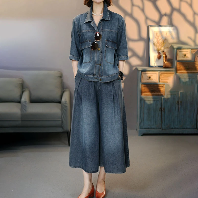 8838蓝套装2025夏季新款莱赛尔衬衫裤子百搭上衣阔腿裤裙裤