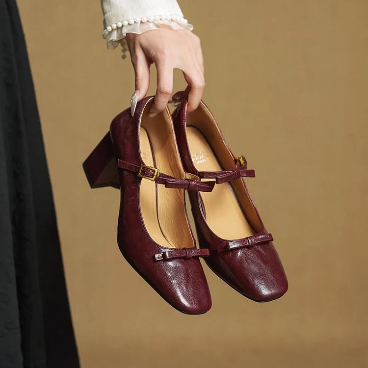 里外纯皮～羊皮6.5cm方头高跟百搭玛丽珍气质浅口单鞋春秋韩版粗跟