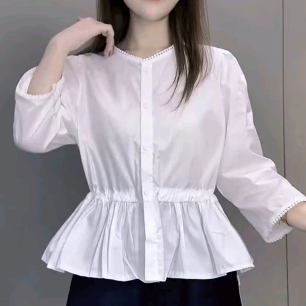 小众设计感七分袖收腰荷叶边下摆宽松显瘦衬衫衬衣