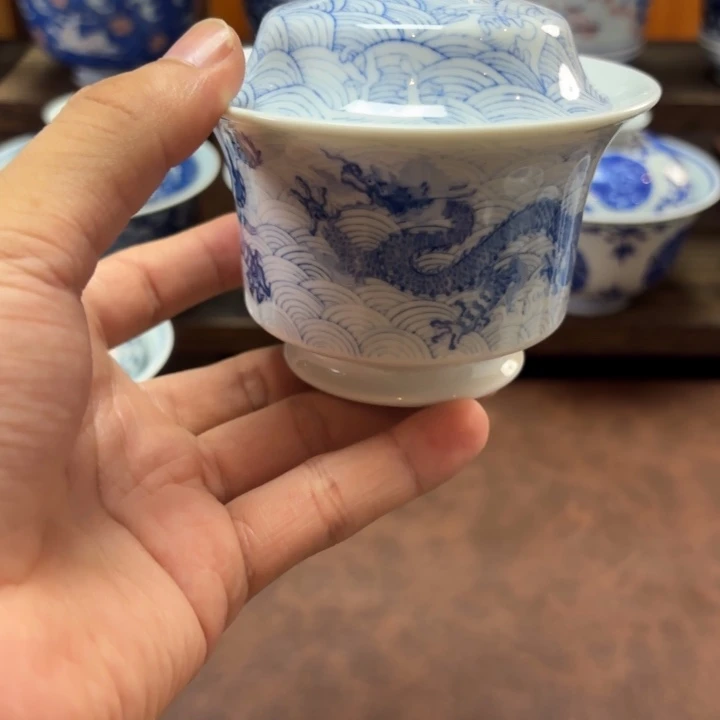 景德镇纯手工手绘龙纹盖碗瑕疵
