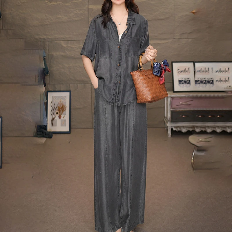 520-6850黑套装2025夏季新款天丝外套西装裤子百搭上衣长裤