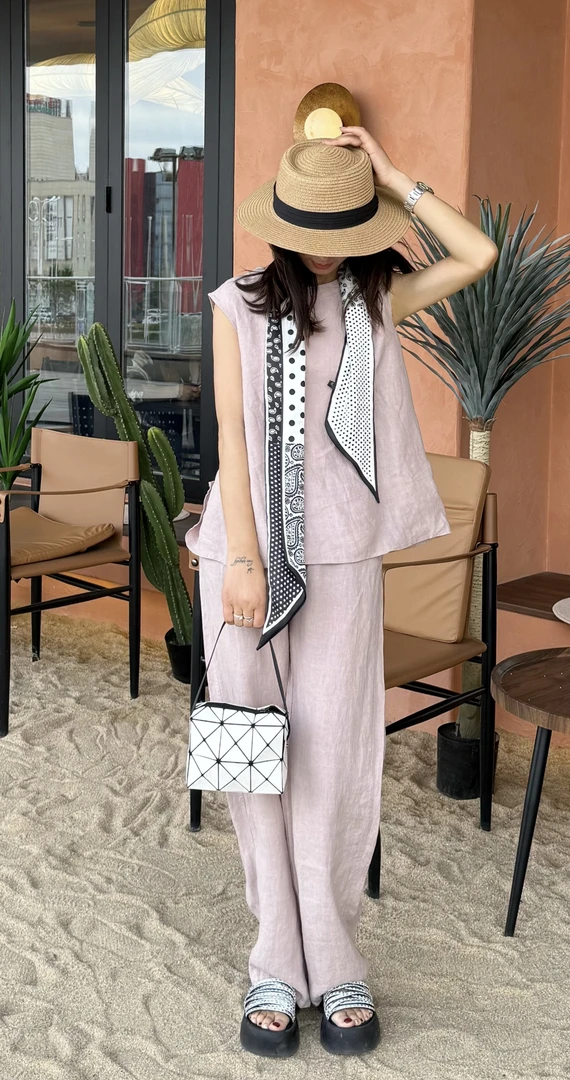 芊喜妍100汉麻时尚休闲百搭夏季复古宽松纯色日系潮流长裤609