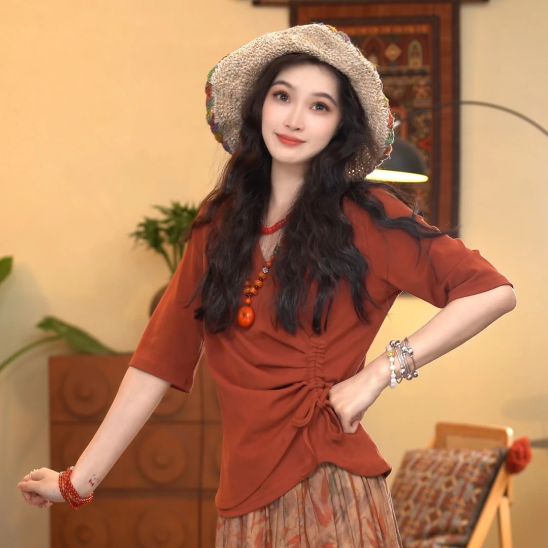顾玖儿时尚洋气百搭V领抽绳夏季不规则T恤#F3890