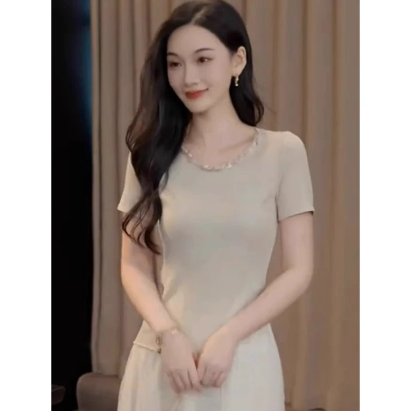 芯娇晴2025夏季新款法式气质圆领重工烫钻短袖T恤女修身显瘦上衣