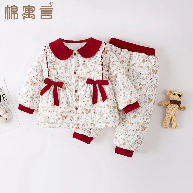 婴儿套装女宝宝可爱娃娃领棉衣棉裤两件套秋冬季儿童棉袄保暖裤子