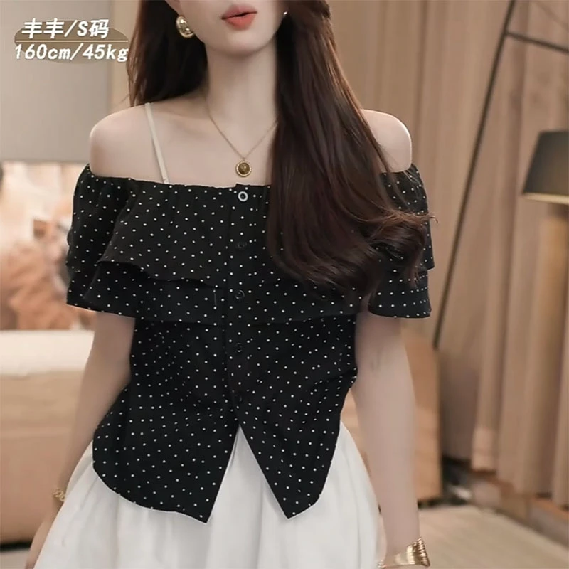 韩版气质黑色荷叶边衬衫女2025夏季新款减龄显瘦小个子一字肩上衣