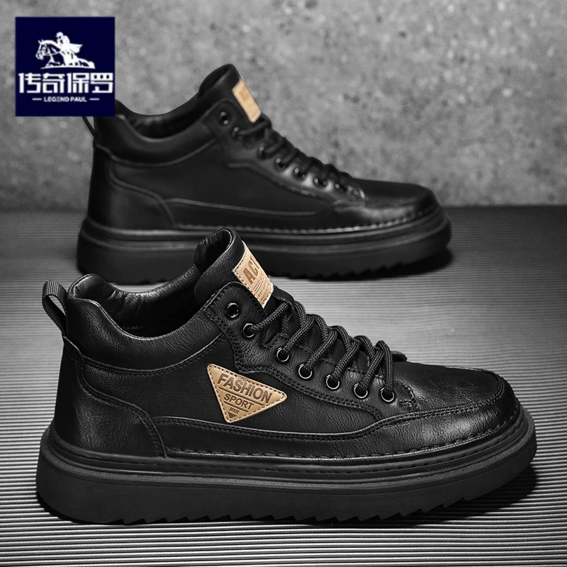 传奇保罗正版男鞋冬季厚底运动休闲板鞋男士增高皮鞋英伦风马丁靴