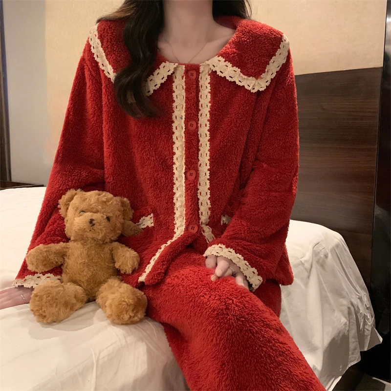 新年红色本命年厚实保暖长毛绒家居服长袖加绒加厚甜美睡衣套装