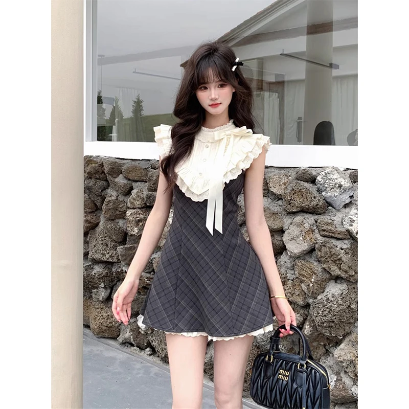 尤莉少女 法式复古格纹拼接收腰连衣裙女千金风显瘦无袖蕾丝短裙