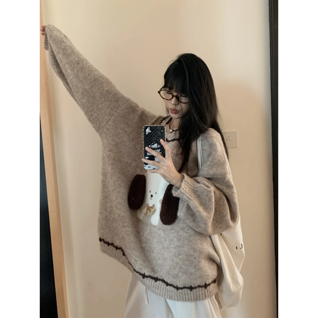[菲姐专属]韩系可爱立体耳朵小狗拼接针织圆领套头毛衣