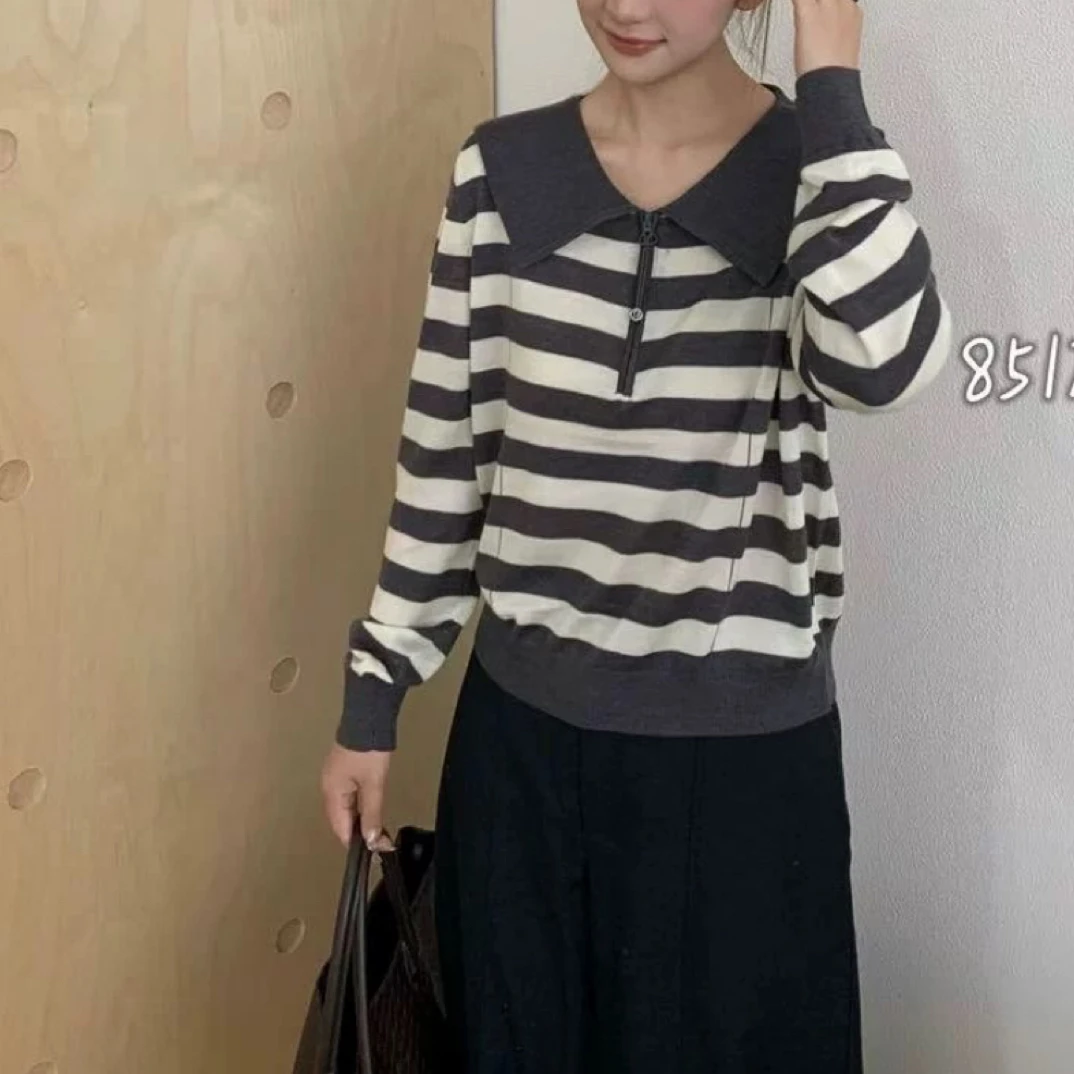 2025早秋翻领长袖针织衫女套头毛衣上衣条纹撞色拼接海军领绵羊毛