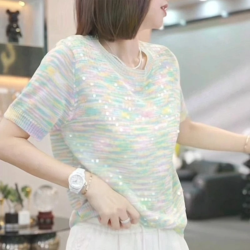 韩系高级感亮片针织衫女士2025夏季气质百搭休闲小众气质圆领上衣