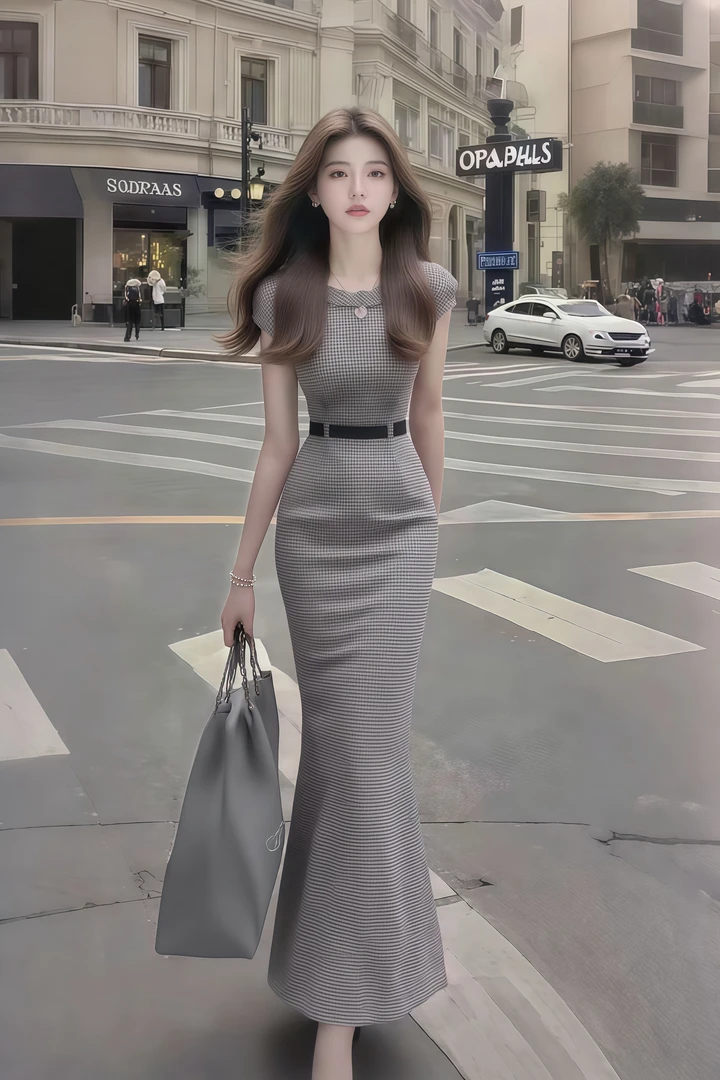 时尚新款小众轻奢高级灰色修身圆领收腰包臀连衣裙女显瘦气质长裙