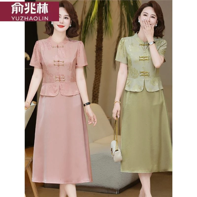 俞兆林新款妈妈新中式短袖夏季连衣裙时尚中老年女士假两件气质国