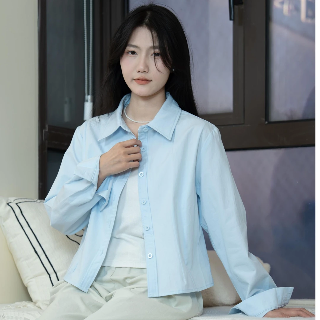 【100%棉】短款长袖衬衫内搭气质时尚百搭衬衣上衣洋气女装宽松