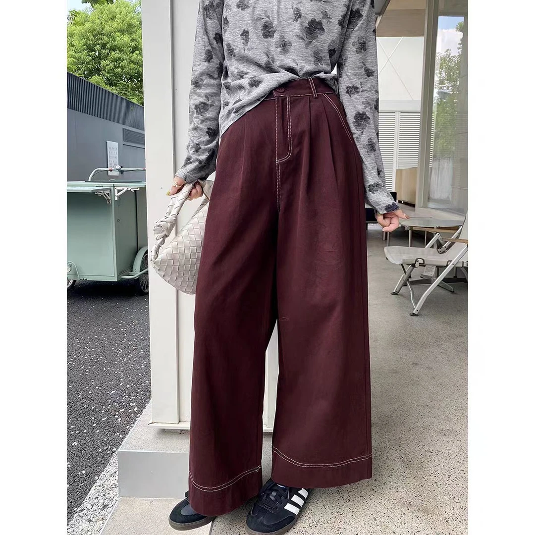 设计感高腰松紧腰直筒阔腿裤新款明线休闲牛仔裤女（C7-14）69067