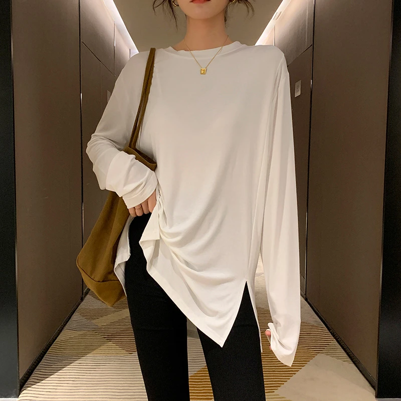 白色德绒加厚保暖宽松中长款韩版长袖打底衫女内搭叠穿开叉上衣潮