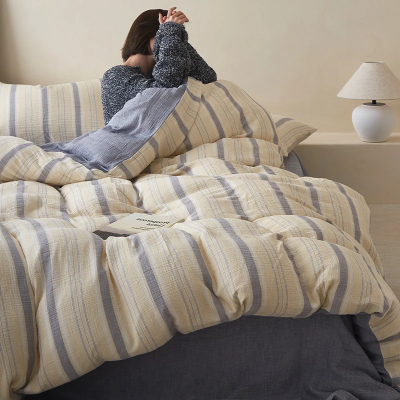 A类裸睡级丨双层纱四件套纯棉全棉床单被套简约条纹柔软裸睡床品