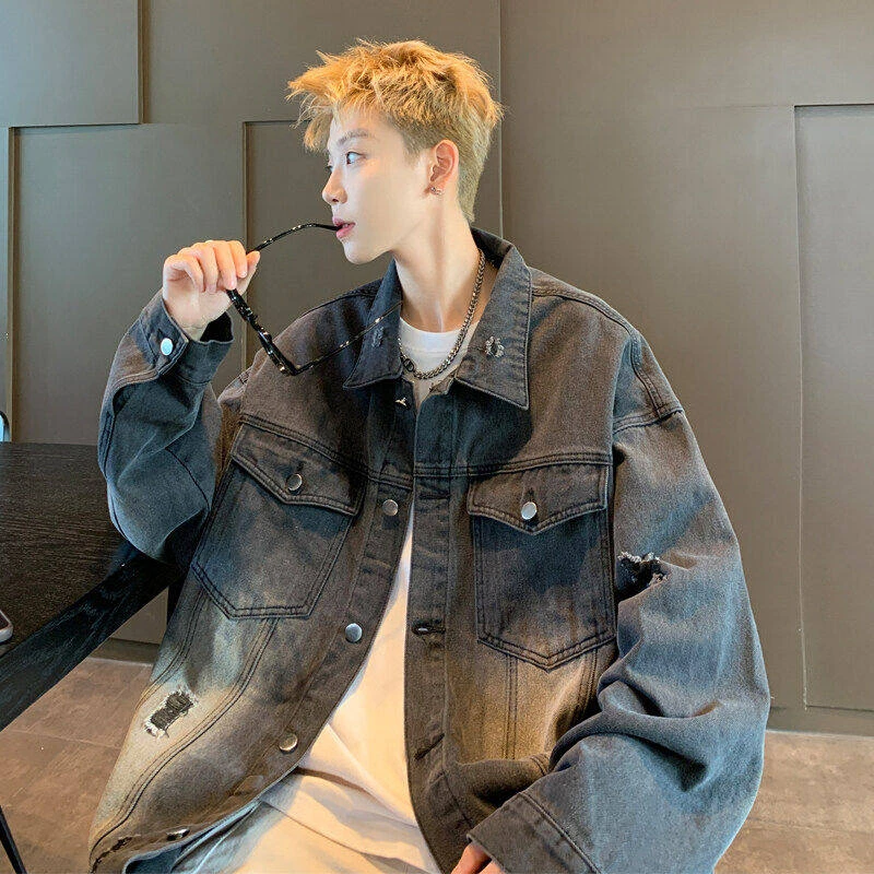 美式cleanfit破洞牛仔外套男春季新款水洗做旧宽松男生休