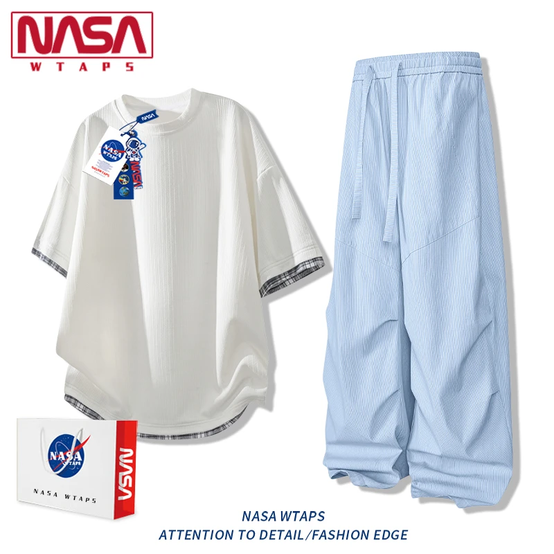 NASA WTAPS高级感短袖套装男2025夏季冰丝宽松两件套轻奢痞帅男装