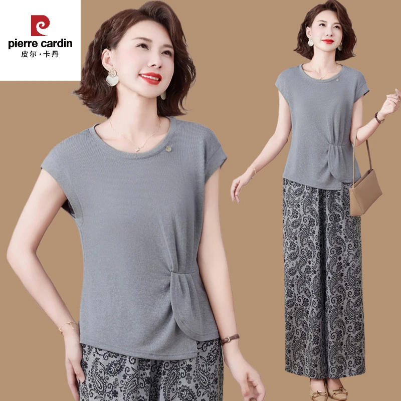 皮尔卡丹妈妈夏装洋气套装短袖恤上衣2025新款中老年女时尚阔腿裤